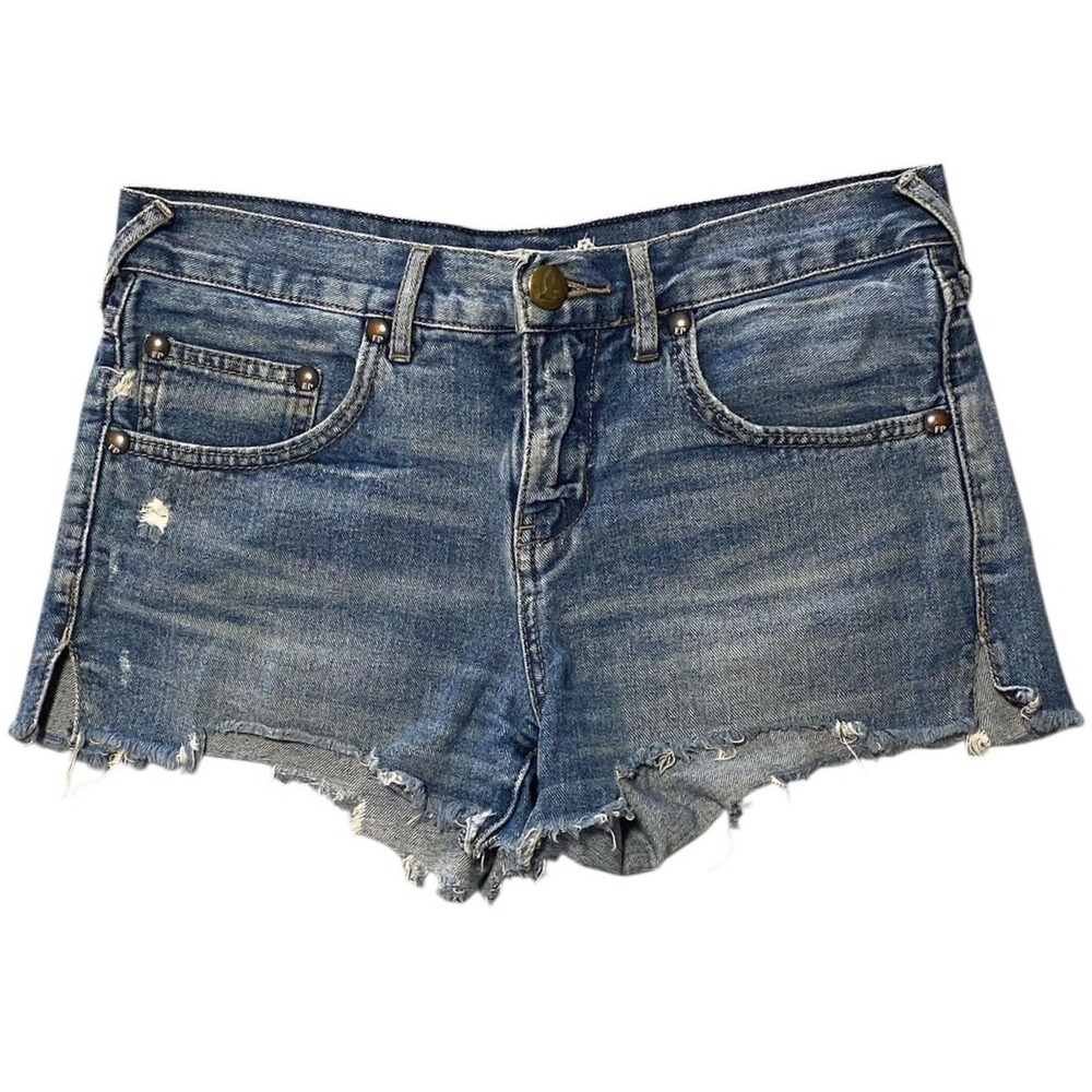 Free People Distressed Denim Cutoff Shorts Blue Studded Low Rise Womens Size 25 - Picture 1 of 5